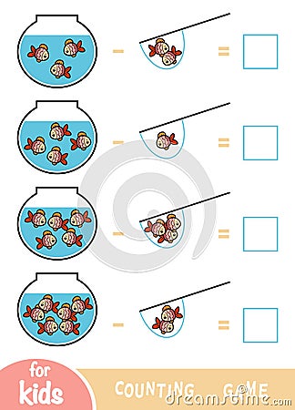 Counting Game for Preschool Children. Subtraction worksheets. Fish and Aquariums Vector Illustration