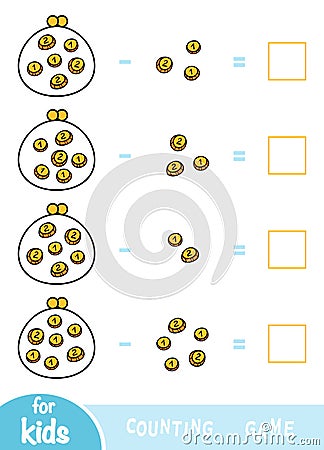 Counting Game for Preschool Children. Subtraction worksheets. How much money in wallets Vector Illustration