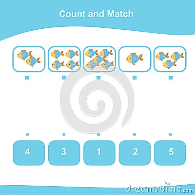 Counting and matching game for Preschool Children. Educational printable math worksheet. Additional game for kids. Vector Illustration