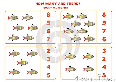 Counting math game with cute cartoon x ray fish. Vector Illustration