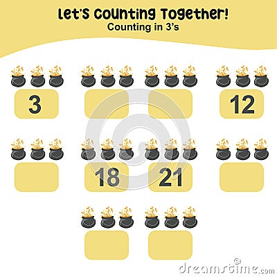 Counting by three's the golden coins in a barrel the practising math in multiple of 3s Vector Illustration