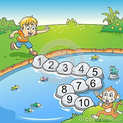 Counting number one to ten with boy and monkey. Stock Photo