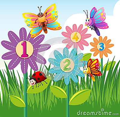 Counting numbers with colorful insects Vector Illustration