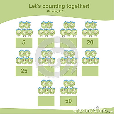 Counting in 5's. Counting kiwis for children. Fruit Counting Math Worksheet. Vector Illustration