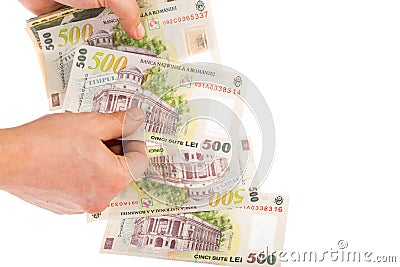 Counting RON money Stock Photo