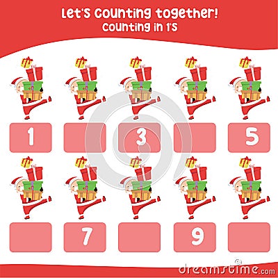 Counting by one's the Santa Claus. practising math in multiple of 1s activity worksheet for kids Vector Illustration