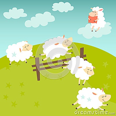 Counting sheep. Cartoon happy sheep for baby. Cartoon character sheep on meadow Vector Illustration