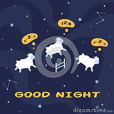 Counting sheep. Funny sheeps jump over fence for bedtime count, sleepless night insomnia or good sleep concept, sleepy Vector Illustration