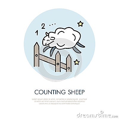 Counting sheep illustration. Modern vector line icon of jumping sheep. Insomnia linear logo. Outline symbol for sleep problem Vector Illustration