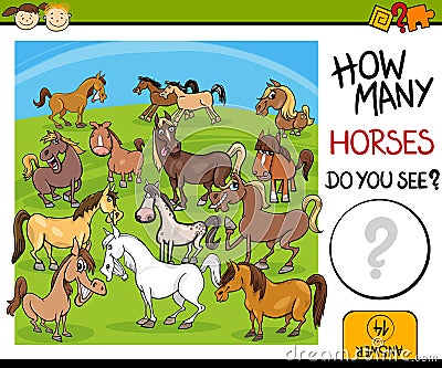 Counting task with horses cartoon Vector Illustration