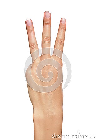 Counting woman hands three. Stock Photo