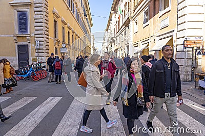 countless people circulating in the commercial area of ??the well-known via del Corso in Rome. Editorial Stock Photo