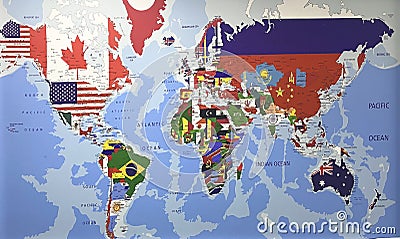 Countries Flags World Map Globe Asia Africa North America South America Antarctica Europ Australia Continents Ocean Geography Editorial Stock Photo