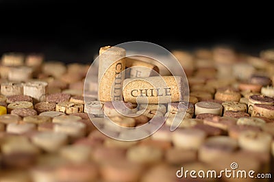 Countries winemakers. Chile`s name on wine corks. Stock Photo