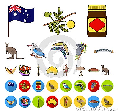 Country Australia cartoon,flat icons in set collection for design.Travel and attractions vector symbol stock web Vector Illustration