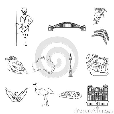 Country Australia outline icons in set collection for design.Travel and attractions vector symbol stock web illustration Vector Illustration