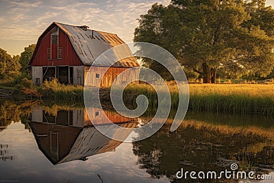 country barn reflected in a serene pond Stock Photo