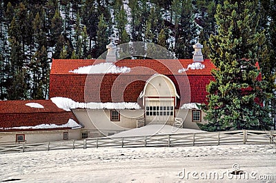 Country Barn in Snow in Colorado Stock Photo