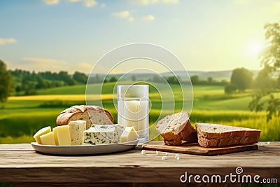 Country breakfast in summer landscape at dawn - bread, butter, cheese, milk on wooden table Stock Photo