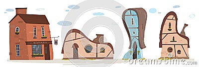 Flat Country Buildings, Market, House Cartoon Set Vector Illustration