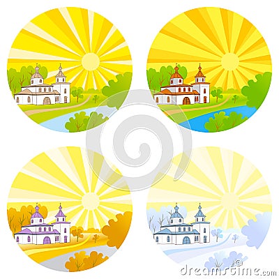 Country church with steeple happy kids running Vector Illustration