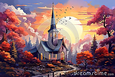 A country church steeple rising above the treetops vector fall background Stock Photo