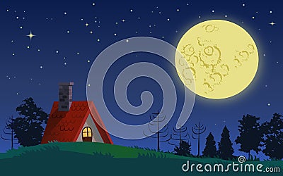 Country cottage in full moon night Vector Illustration