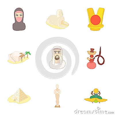 Country Egypt icons set, cartoon style Vector Illustration