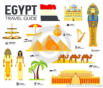 Country Egypt travel vacation guide of goods, places and features. Set of architecture, people, culture, icons background concept Stock Photo