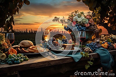 Country Farm Banquet. sunset. Sunrise. Prosperous farm concept. rustic wood table. Stock Photo