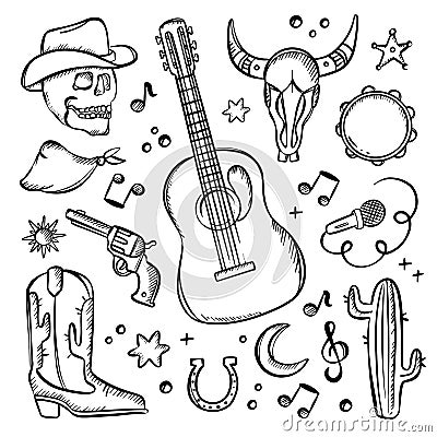COUNTRY FEST SYMBOLISM MONOCHROME Western Music Objects Stock Photo
