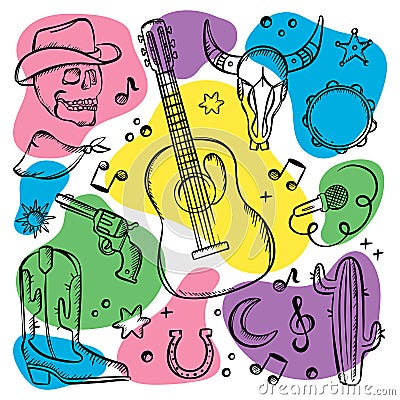 COUNTRY FEST SYMBOLISM Western Music Vector Illustration Set Stock Photo