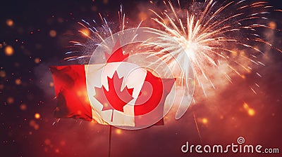 country flag with reflection colorful fireworks display lighting up the night sky Canada Day or Dominion Day, AI Generated Stock Photo