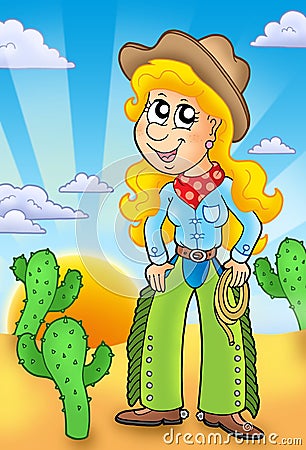 Country girl with sunset Cartoon Illustration