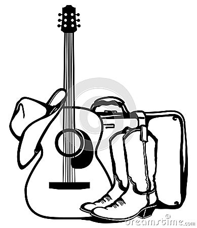 Country guitar music travel. Acoustic guitar, cowboy boots and American hat with suitcase. Outline vector illustration isolated on Vector Illustration