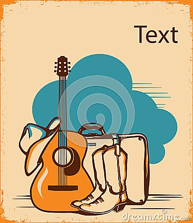 Country guitar music travel. Vintage poster acoustic guitar, cowboy boots and American hat with suitcase on blue sky backround Vector Illustration