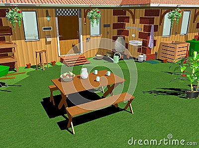 Country Home Garden-Lunch-3D Stock Photo