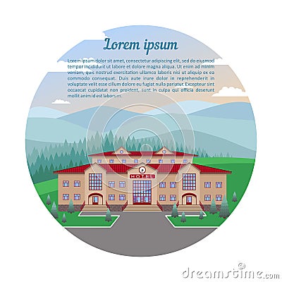 Country hotel in nature against the background of meadows, forests,mountains, sky.The picture in the circle Vector Illustration