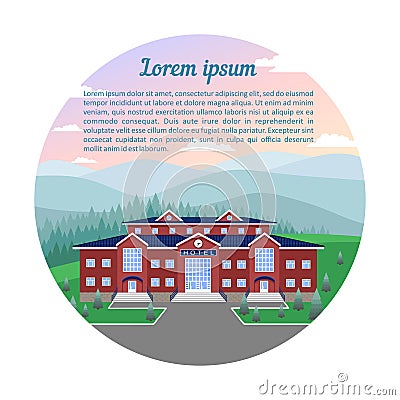 Country hotel in nature against the background of meadows, forests,mountains, sky.The picture in the circle Vector Illustration