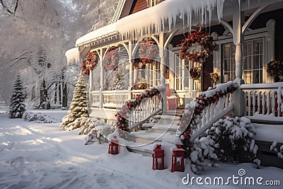 country house beautifully decorated for Christmas on a frosty day Stock Photo