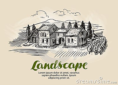 Country house, building sketch. Vintage rural landscape, farm, cottage vector illustration Vector Illustration