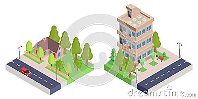 A country house with a fence and an apartment isometric house. Cartoon Illustration