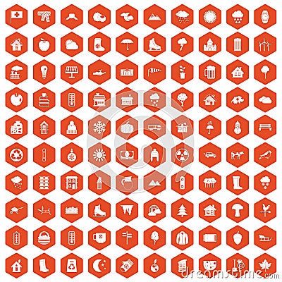 100 country house icons hexagon orange Vector Illustration