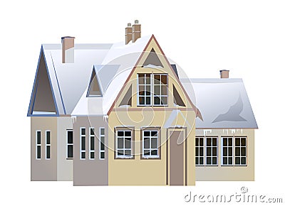 Country house. Winter season. Door. The roof is covered with snow. Gable roof outbuilding. Nice and cozy suburban Vector Illustration