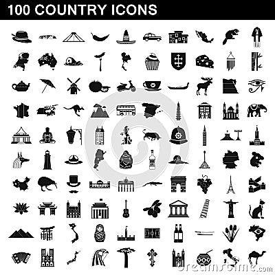 100 country icons set, simple style Vector Illustration