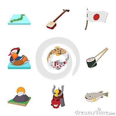 Country Japan icons set, cartoon style Vector Illustration