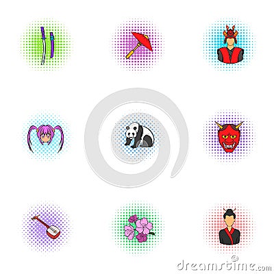 Country Japan icons set, pop-art style Vector Illustration