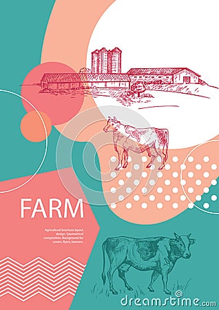 Country landscape. Abstract composition. Cows, barn and grain elevator. Vector Illustration