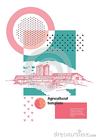 Country landscape. Abstract composition. Cows, barn and grain elevator. Vector Illustration