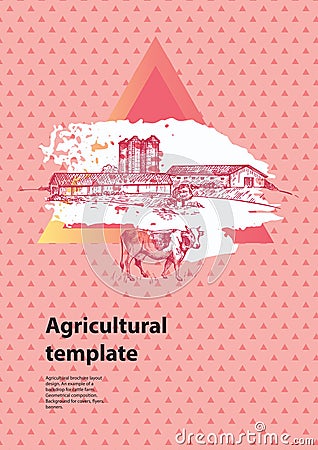 Country landscape. Abstract composition. Cows, barn and grain elevator. Vector Illustration